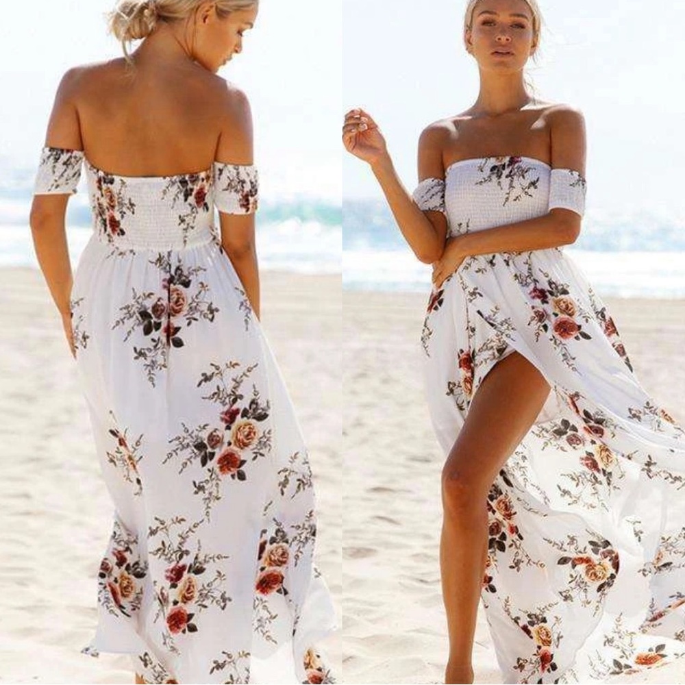 women florals white high low dress off shoulder ruched dress